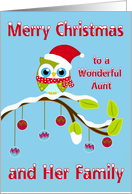 Christmas to Aunt and Family, Owl wearing Santa Claus hat on limb card