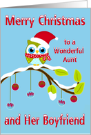 Christmas to Aunt and Boyfriend, Owl wearing Santa Claus hat on limb card