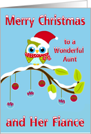 Christmas to Aunt and Fiance, Owl wearing Santa Claus hat on limb card