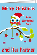 Christmas to Aunt and Partner, Owl wearing Santa Claus hat on limb card