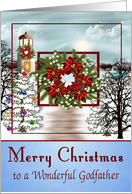 Christmas to Godfather, snowy lighthouse scene on blue with a wreath card