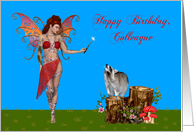 Birthday To Colleague, Sexy fairy with magic wand, raccoon on stump card