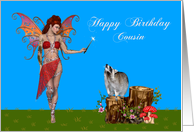 Birthday to Cousin, Sexy fairy with magic wand, raccoon on a stump card