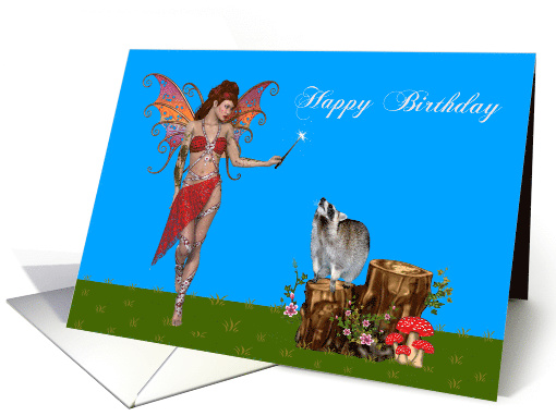 Birthday with a Sexy Fairy Holding a Magic Wand Over a Raccoon card