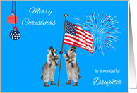 Christmas To Military Daughter, armed raccoons with flag, fireworks card