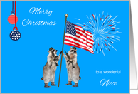 Christmas To Military Niece, armed raccoons with flag and fireworks card