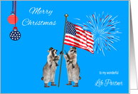 Christmas To Military Life Partner, armed raccoons, flag, fireworks card