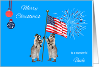 Christmas To Military Uncle, armed raccoons with a flag, fireworks card