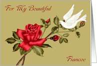 Love and Romance to Fiancee, white dove with a red rose on light green card