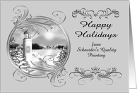 Happy Holidays Business Custom Name Black and White Lighthouse card