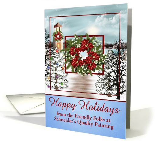 Happy Holidays, business, custom name, snowy lighthouse scene card