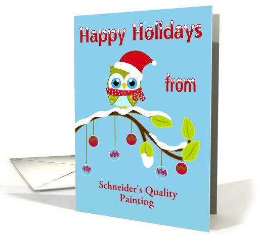 Happy Holidays, business custom name, Owl with Santa Claus hat card
