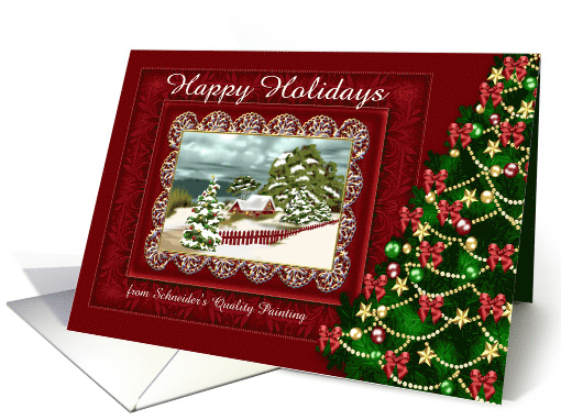 Happy Holidays, Business, custom name, snowy scene with tree card