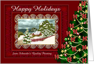 Happy Holidays, Business, custom name, snowy scene with tree card