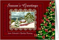 Season’s Greetings, business, custom name, snowy scene with tree card