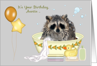 Birthday to Aunt with a Soapy Raccoon in a Bathtub and Balloons card