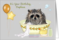 Birthday to Nephew, humor, soapy raccoon in a bathtub with balloons card