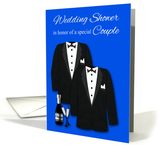 Invitations, Gay Wedding Shower, two tuxedos with champagne, blue card