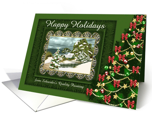 Happy Holidays, Business custom name, Deep green fancy frame card