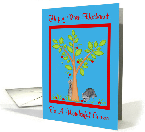 Rosh Hashanah To Cousin, Raccoons next to apple tree, red frame card