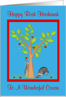 Rosh Hashanah To Cousin, Raccoons next to apple tree, red frame card