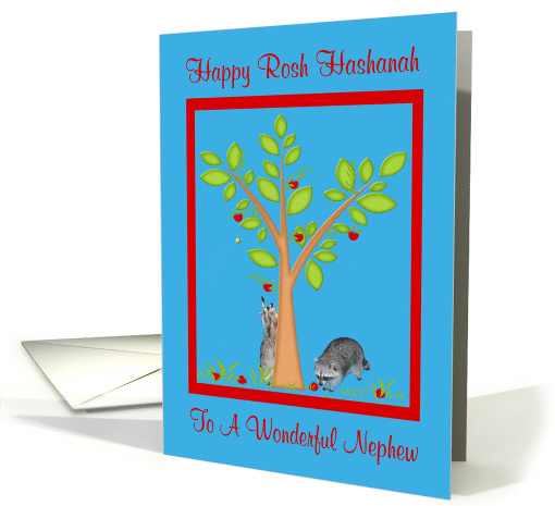 Rosh Hashanah to Nephew, Raccoons next to apple tree, red frame card
