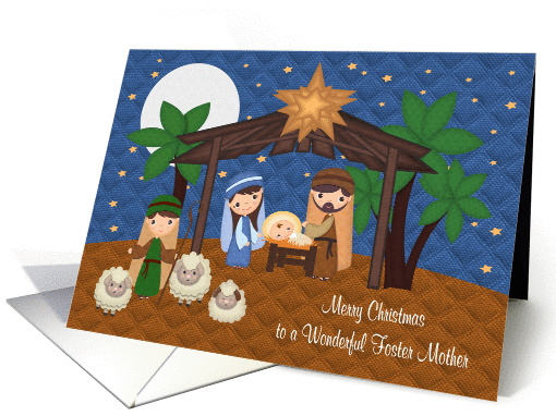 Christmas to Foster Mother, Nativity Scene With Baby Jesus, stars card