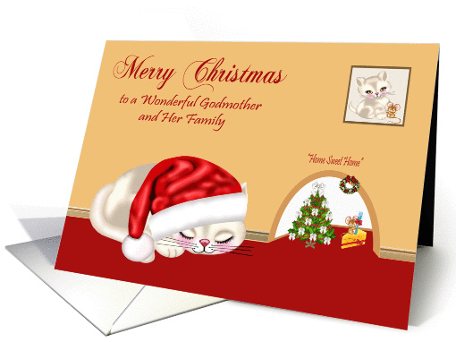 Christmas to Godmother and Family, cat wearing Santa hat sleeping card
