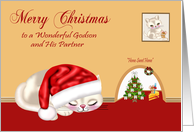 Christmas to Godson and Partner, cat wearing Santa hat sleeping card