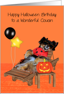 Birthday On Halloween to Cousin with a Pomeranian in a Bug Costume card