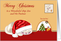 Christmas to Step Son and Partner, cat wearing a Santa hat sleeping card