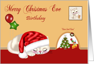 Birthday on Christmas Eve, general, cat wearing Santa hat sleeping card