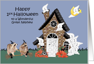 1st Halloween to Great Nephew, Raccoon Warlocks, ghosts, haunted house card