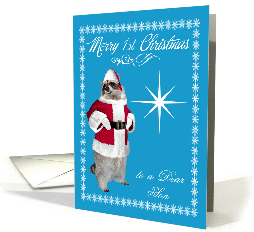 1st Christmas to Son, raccoon Santa Claus, snowflakes, star, blue card