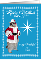 Christmas To Twin, raccoon Santa Claus, snowflakes on blue, star card