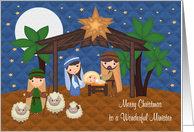 Christmas To Minister, Nativity Scene with Baby Jesus, stars, moon card