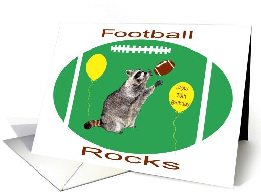 70th Birthday, raccoon playing football on green with... (1172216)