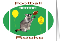 1st Birthday, raccoon playing football on green with yellow balloons card