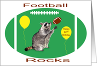 94th Birthday, raccoon playing football on green with yellow balloons card