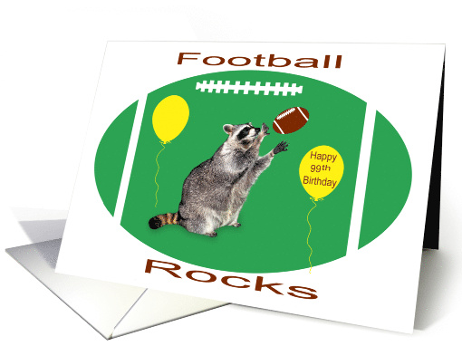 99th Birthday, raccoon playing football on green with... (1183118)