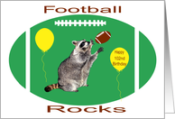 102nd Birthday, cute raccoon playing football on green with balloons card