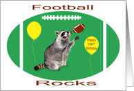 108th Birthday, raccoon playing football on green with yellow balloons card
