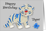 Birthday, general, cute blue and white tiger with a blue flower, gray card