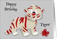 Birthday, general, cute red and white tiger with a red flower on gray card