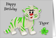 Birthday, general, cute green and white tiger, green flower, gray card