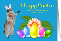 Easter to Aunt and Uncle, Raccoon with bunny ears, flower, eggs card