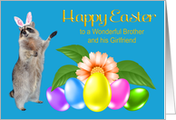 Easter To Brother And Girlfriend, Raccoon with bunny ears, flower card