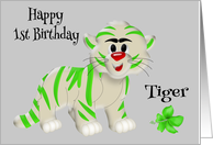 1st Birthday, general, cute green and white tiger, green flower, gray card