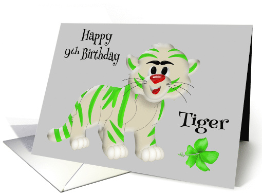 9th Birthday a Cute Green and White Tiger with a Flower on Gray card
