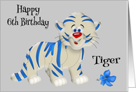 6th Birthday, general, cute blue and white tiger, blue flower on gray card